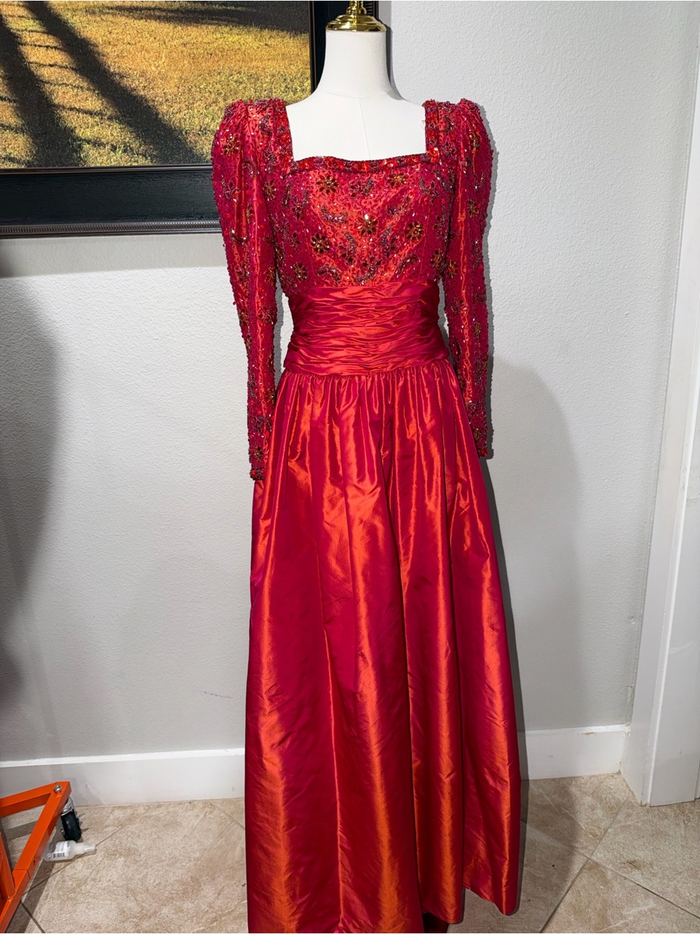 Victoria Royal Ltd Red Long Sleeve Beaded Satin Evening Gown 1960’s RARE HTF
